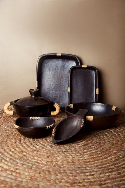 Dani Black Pottery Serving Set With Cane- Set of 2